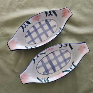 Set of 2 Vintage Mini Oval Casserole Dishes 9" Light Blue, Pink Checkered Floral